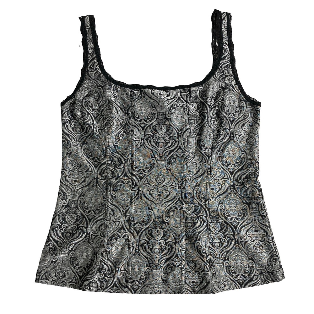 White House Black Market Tank Top Womens M Silver Black Damask Lace Trim Goth